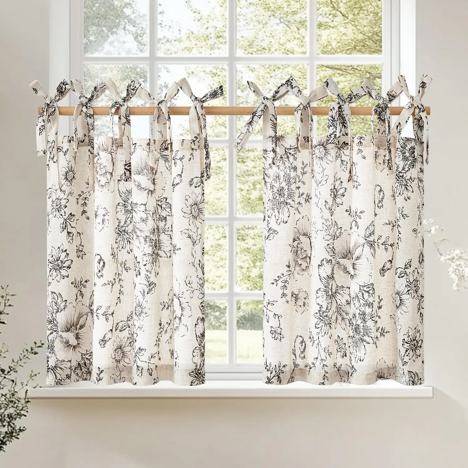 Farmhouse Style Home 36-in Floral Tier Curtains, Vintage Farmhouse Decor Linen Fabric Light Filtering Rustic Tie Top Botanic Drapes, 2 Panels Black on Beige for Small Sink Windows, Rustic Laundry Room, Small Windows