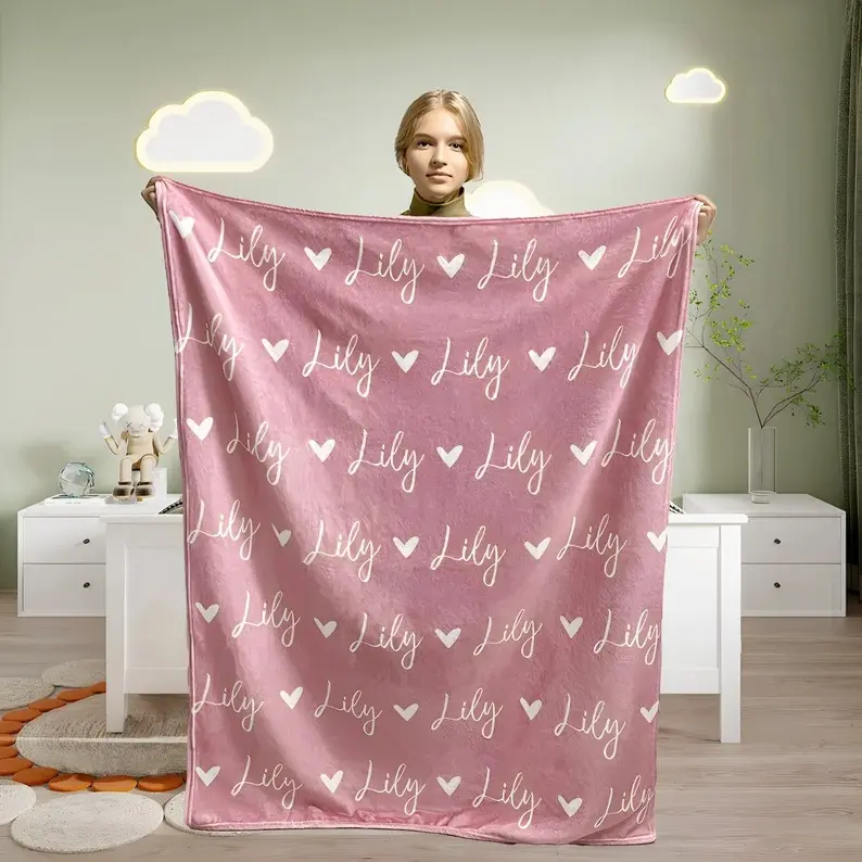 Personalized Girl Name Blanket, Custom Name Graphic Blanket, Heart Pattern Throw Blanket, Girl Blanket Gift, Baby Blanket, Kids Blanket, Personalized Custom Gift