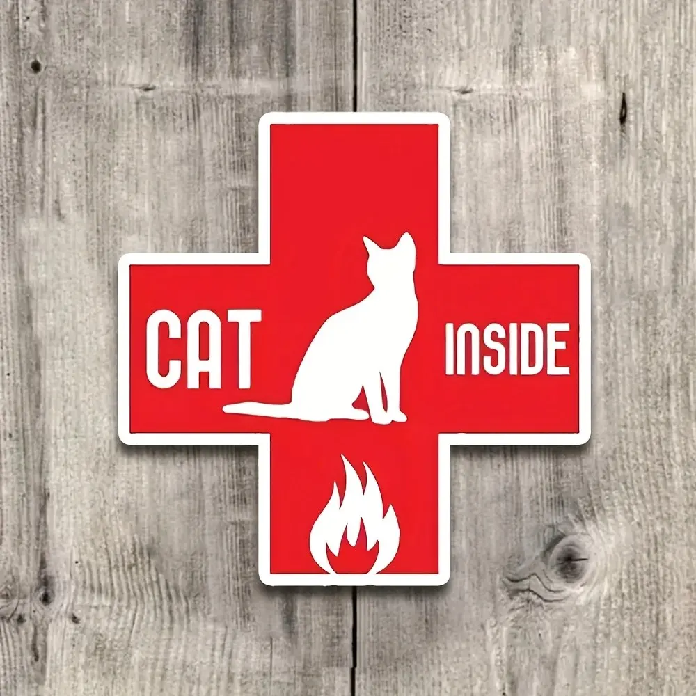 High-Quality Vinyl Cat Emergency Sticker, Glossy Pet Safety Alert, Rectangular Car Theme, Waterproof, Self-Adhesive for Windows, Doors, Vehicles