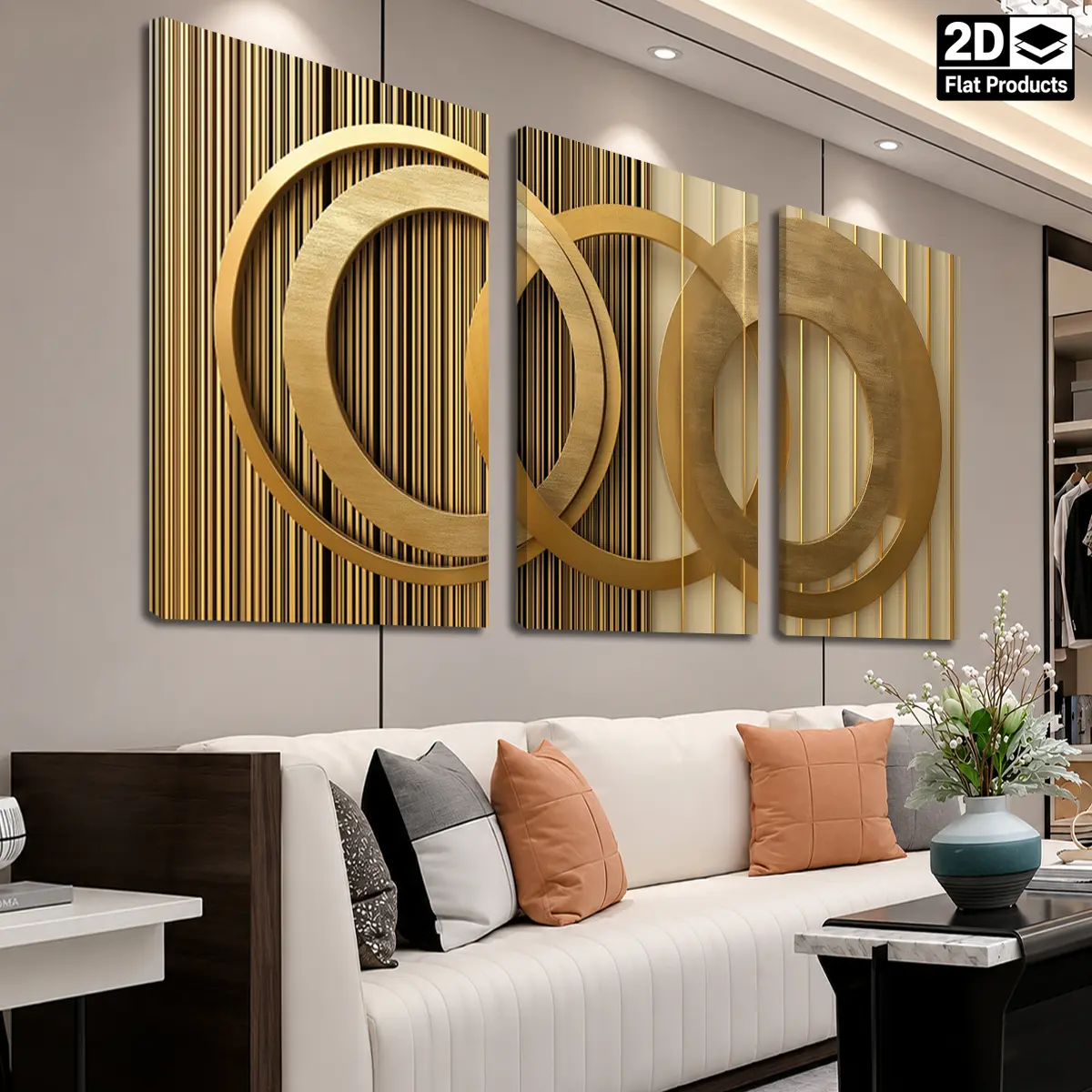 Home Decor 3-Piece 2D Canvas Wall Art Set - Neutral Background with Golden Concentric Circles, Vertical Lines - Modern, Classical Indoor Decor for Home, Bathroom - Thanksgiving, Independence Day Posters & Prints