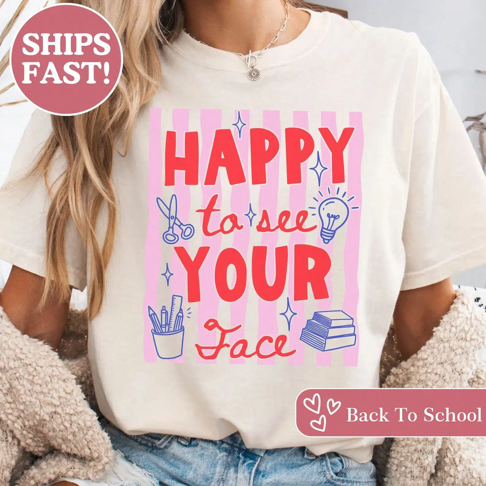 Women's Preppy Striped Graphic Cotton Fabric Short-Sleeve Tee - Back to School Teacher Top, Casual Summer Vacation Wear for Party, Festival, Lady