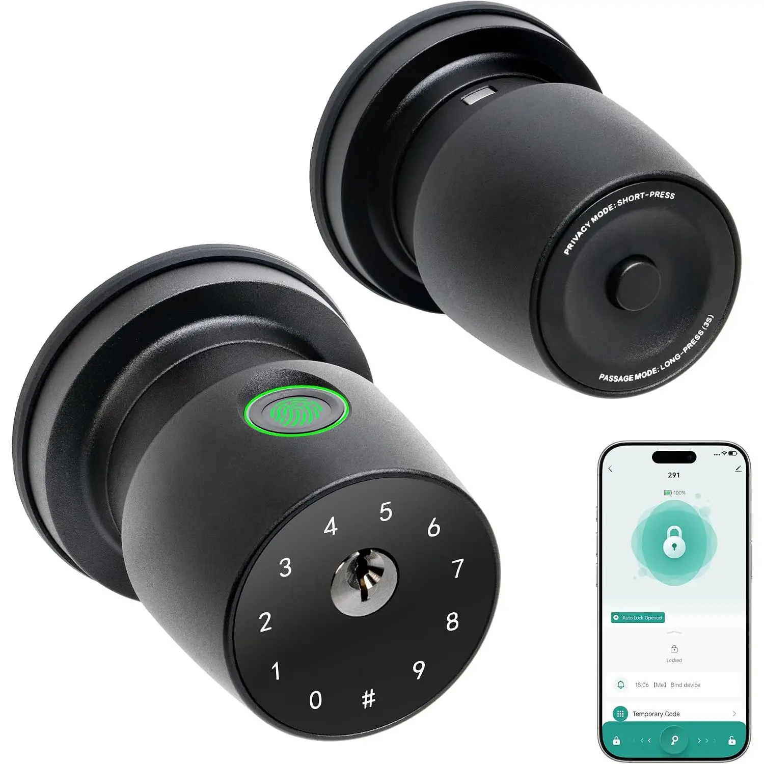 291Y 4-in-1  Fingerprint Door Knob for Bedroom with App | keyless bedroom door knob  door lock with Keypad, -tap  Mode Setup, Auto-Lock Easy to Install - Satin Nickel