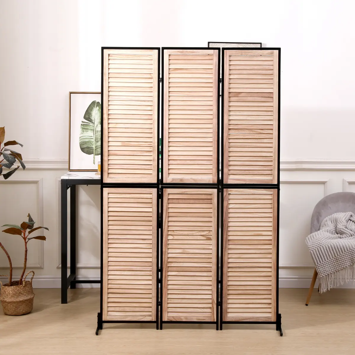 Rustic Louver Freestanding Partition Screen - 3 Rectangular Panels, 43.7x70.87in Paulownia Wood Privacy Screen Material Room Divider, Thick Powder-Coated Metal Frame, Upgraded Stable Hinges, Warm Rustic Tones, Section Room Divider for Bedroom, Office