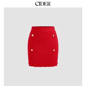 Cider [size 2-10] Knit Mid Rise Solid Button Raw Hem Mini Skirt