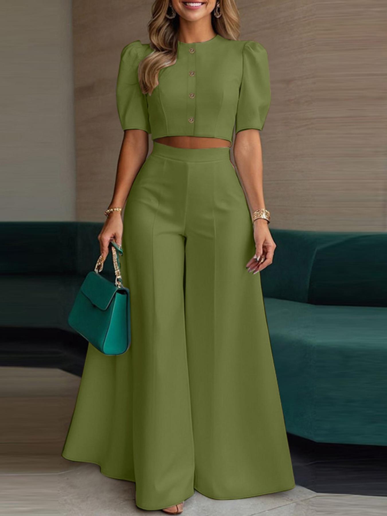 Two-Piece Set Women's Plain Woven Cropped Top & Elastic Waist Wide Leg Pants, Elegant Fashion Top & High Waist Trousers for Daily Wear, Womenswear for Summer