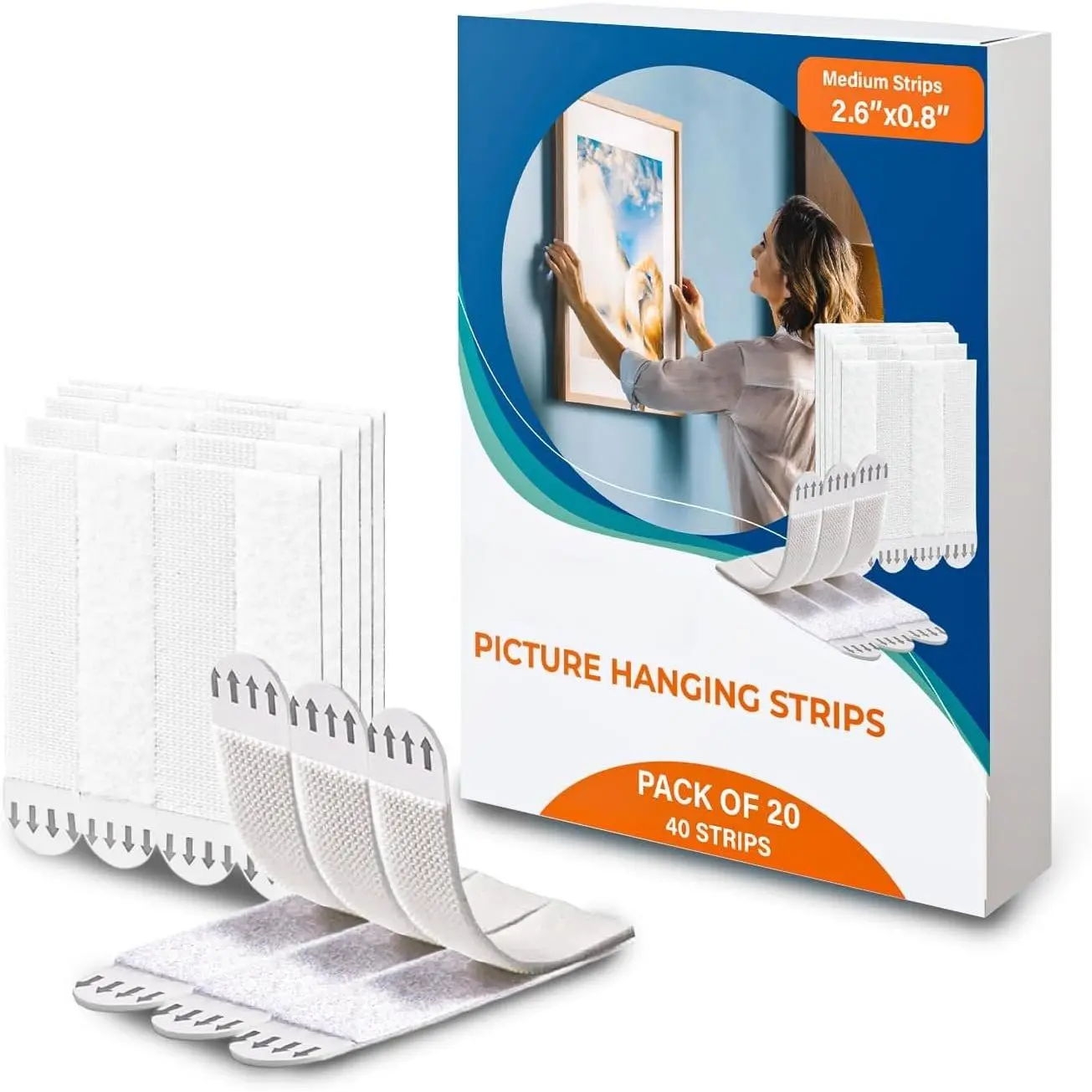 Picture  Strips, Medium 40 Strips (20 Pairs),  Free Wall Hangers for Frames and Posters, Heavy Duty Removable Adhesive Hook and Loop Tape, No Nails Needed, White