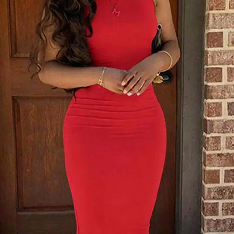 Crew Neck Sleeveless Bodycon Midi Dress, Form-Fitting Tank Dress for Party & Daily Wear, Casual Fitted Dress, Basic