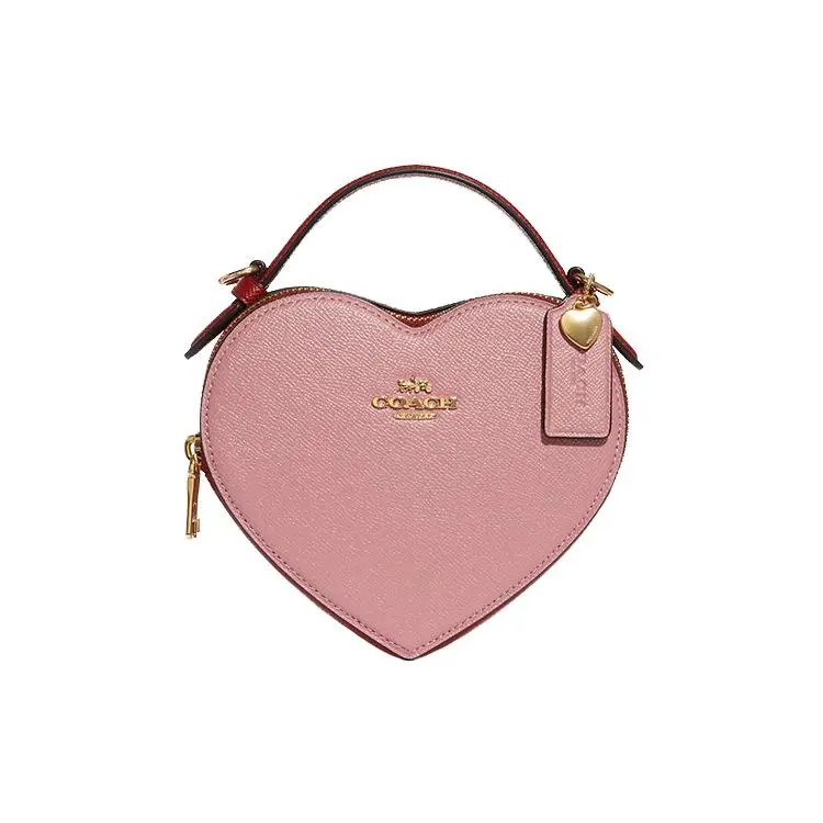 COACH Heart 15 Double-Layer Heart-Shaped Leather Crossbody Handbag for Women, Pink Contrast