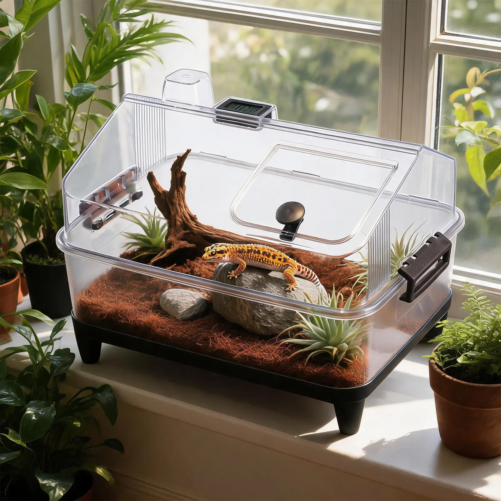 Acrylic Reptile Tank Starter Kit with Lid, Heating Pad, Hygrometer, Hide, Bowl & Sand for Geckos, Frogs, Lizards