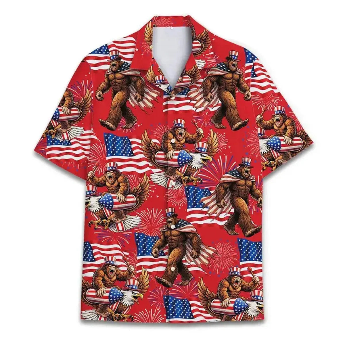 Bigfoot Firework Hawaiian Shirt, Patriotic Aloha Shirt, USA Flag Print, Summer Vacation Party Wear, Gift for Him