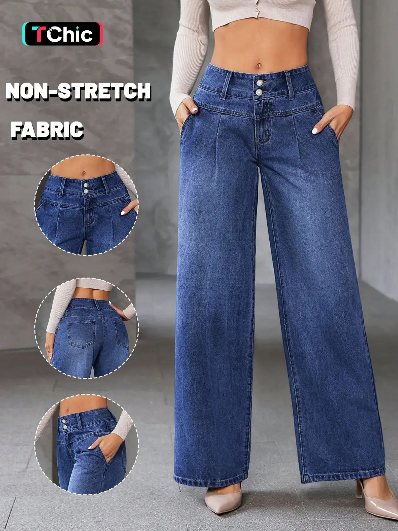 Women's High Waist Double Button Wide Leg Jeans, Non-Stretch Denim Pleated Loose Long Trousers, Casual Daily Wear, All Seasons