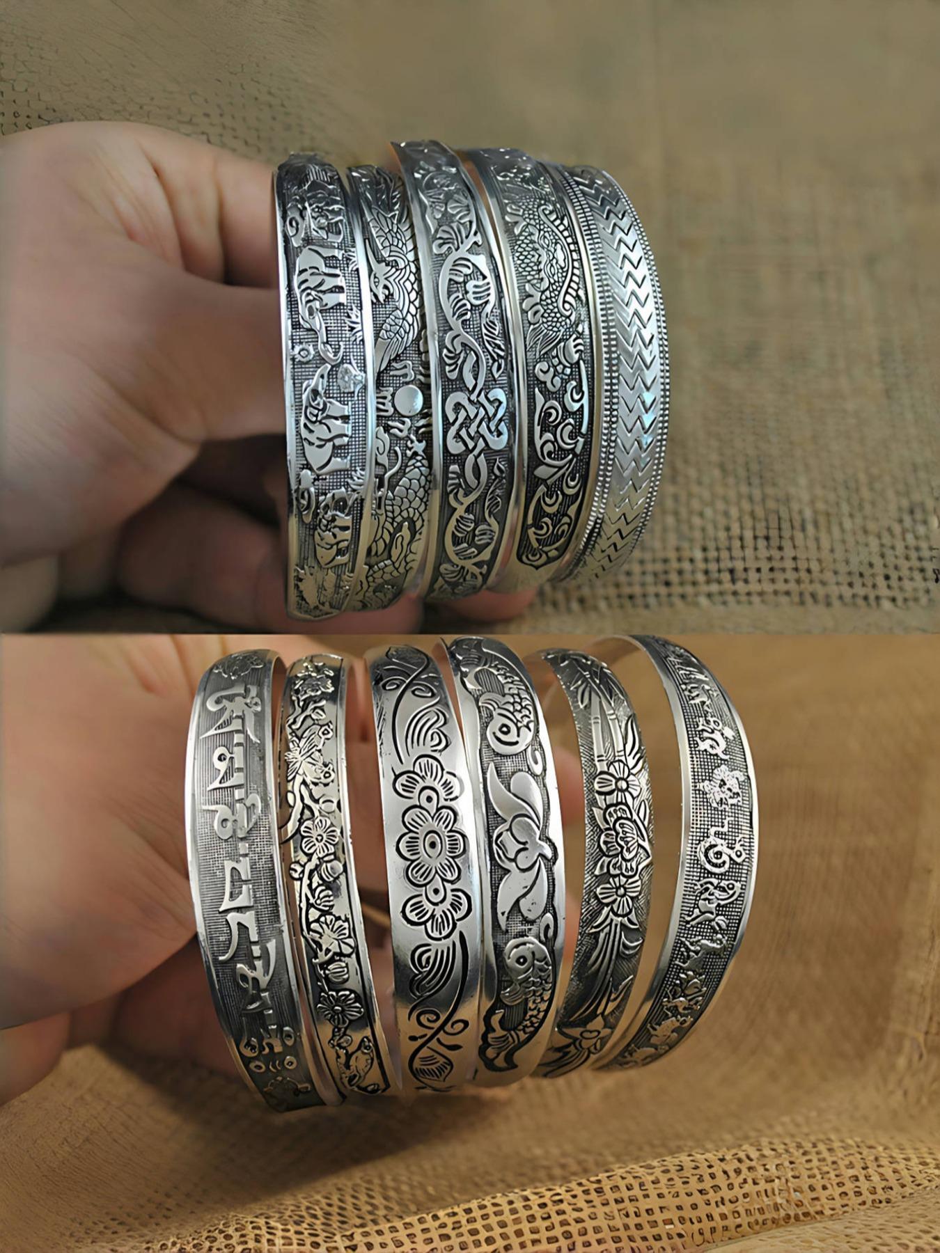 Vintage Chinese Style Cuff Bangle, Adjustable Engraving Bangles for Women & Men, Fashion Accessories for Daily Wear