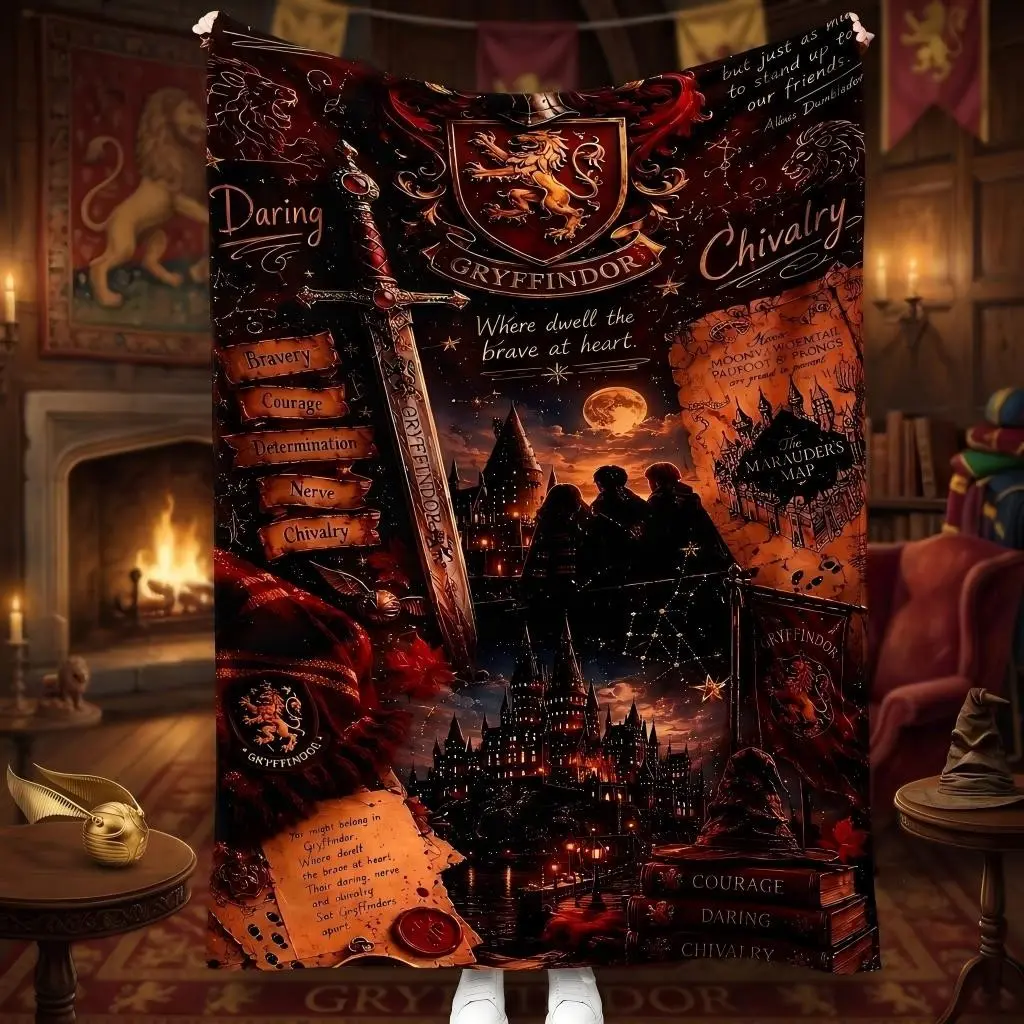Wizard House Crest Throw Blanket, Magical Castle, Sword & Academy Quotes, Cozy Dark Fantasy Blanket for Couch, Bed, Living Room Decor, Cozy Flannel Throw