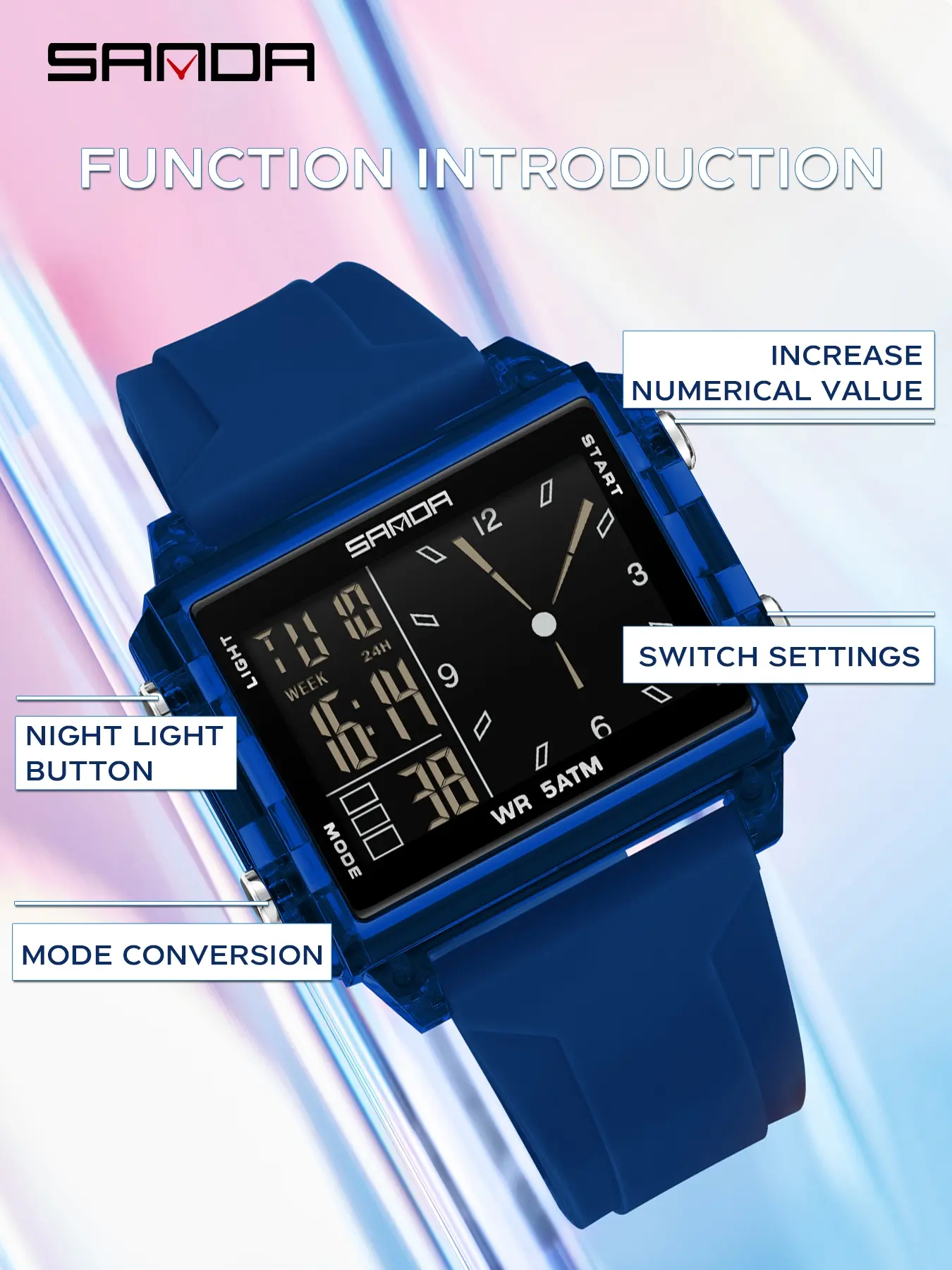 Sanda brand sports fashion watch, LED luminous sports electronic watch for men and women, multifunctional waterproof silicone tape youth watch, couple watch gift, Fashion wristwatches, Fashionable Waterproof Watch
