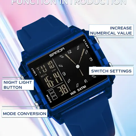 Sanda brand sports fashion watch, LED luminous sports electronic watch for men and women, multifunctional waterproof silicone tape youth watch, couple watch gift, Fashion wristwatches, Fashionable Waterproof Watch