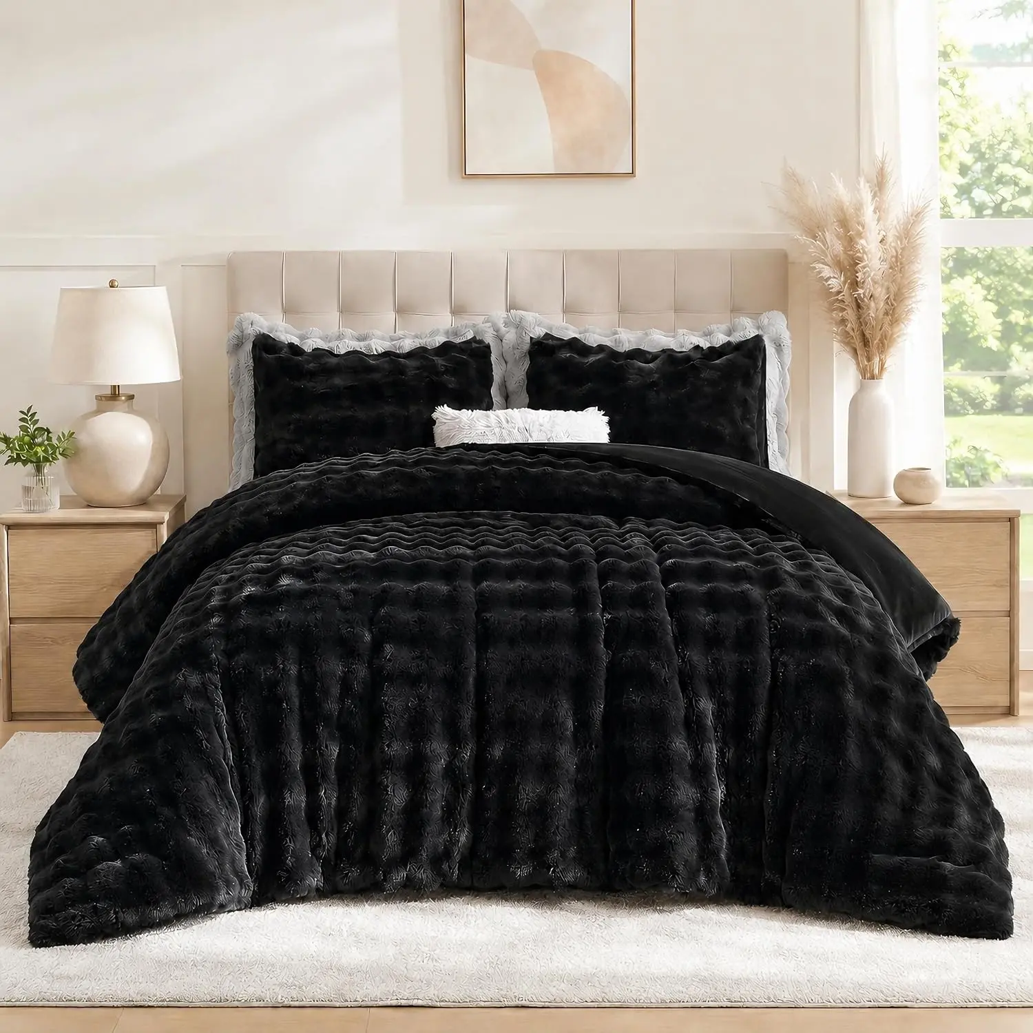 Black Comforter Set Queen - Luxurious Faux Fur Comforter for Winter, Fluffy Comforter Queen Set with 2 Pillowcases, Soft Warm Black Bedding Set