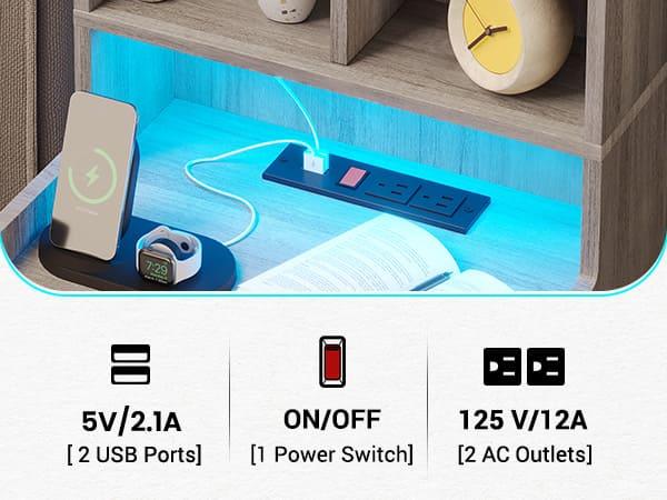 Sikaic LED Tall Nightstand with Bookshelf Charging Station Grey Modern Side Table Bedside Cabinet RGB LED Lights 2 USB Ports & 2 Power Outlets for Bedrooms and Living Rooms
