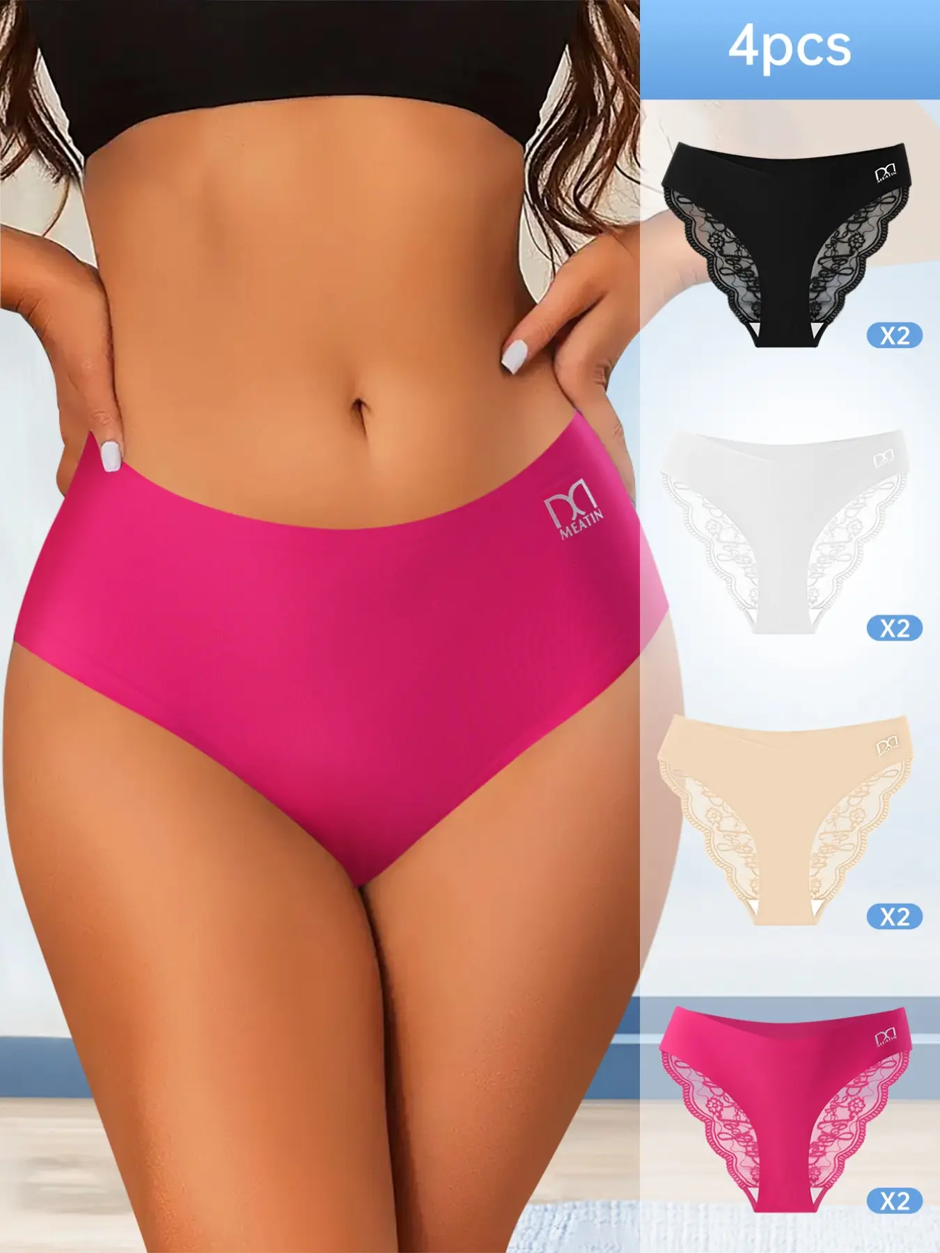 4pcs Bikini Panties Sexy Back Lace Patchwork Underwear, High Waist Loose-Fitting Casual Pajamas for All Seasons, Ideal for Date Nights