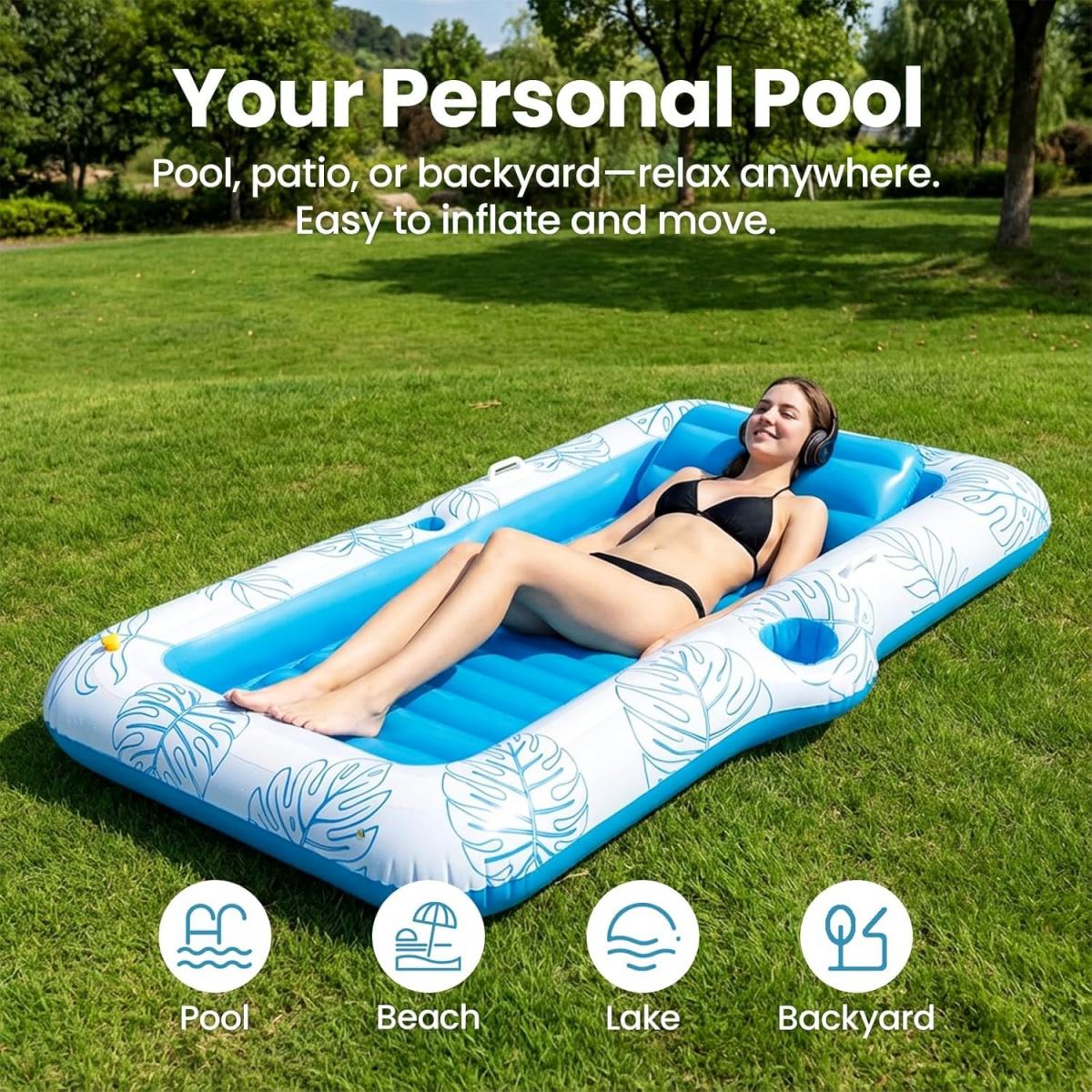 83'' x 50'' Inflatable Tanning Bed Pool Lounger, 2-in-1 Tanning Floating Rafts for Adults, Beach Backyard Personal Sunbathing Pool with Cup Holder, Ice Tray and Sprinkler (330lbs Capacity)