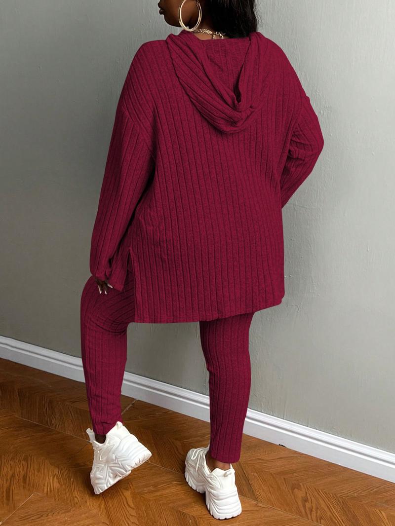 【Plus Size】 Women's Two-Piece Set Solid Textured Ribbed Drop Shoulder Hoodie & Elastic Waist Pants, Casual Fashion Cozy Ribbed Outfits for Daily Outdoor Wear, Ladies Clothing for Fall & Winter 【Plus Size】 Women's Two-Piece Set Solid Textured Ribbed Drop Shoulder Hoodie & Elastic Waist Pants, Casual Fashion Cozy Ribbed Outfits for Daily Outdoor Wear, Ladies Clothing for Fall & Winter