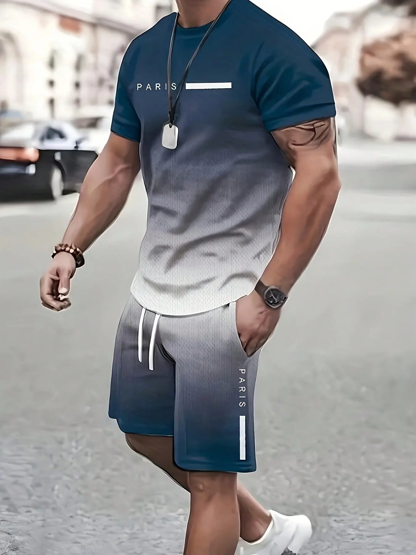 Men's casual sportswear set, letter printed gradient style, summer breathable two-piece set, daily wear men's clothing