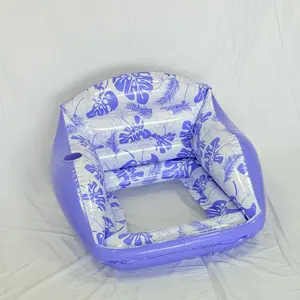 Square printed mesh seat inflatable water sofa pool floating chair with breathable grid and cup holder