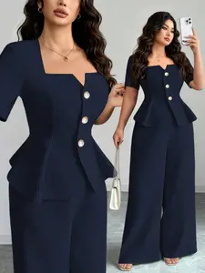 Women's Plus Size 2 Piece Outfits Textured Jacquard Notch Square Neck Peplum Top Wide Leg Pants Set Elegant Office Workwear Trendy