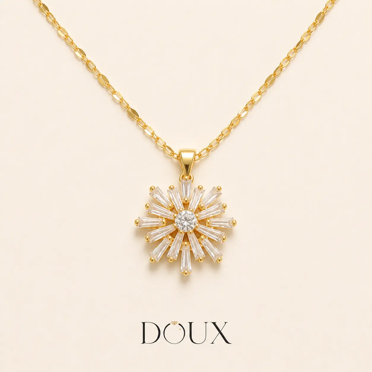 DOUX Clear Crystal Starburst Pendant Necklace for Women – Gold-Tone Baguette Sunburst Jewelry