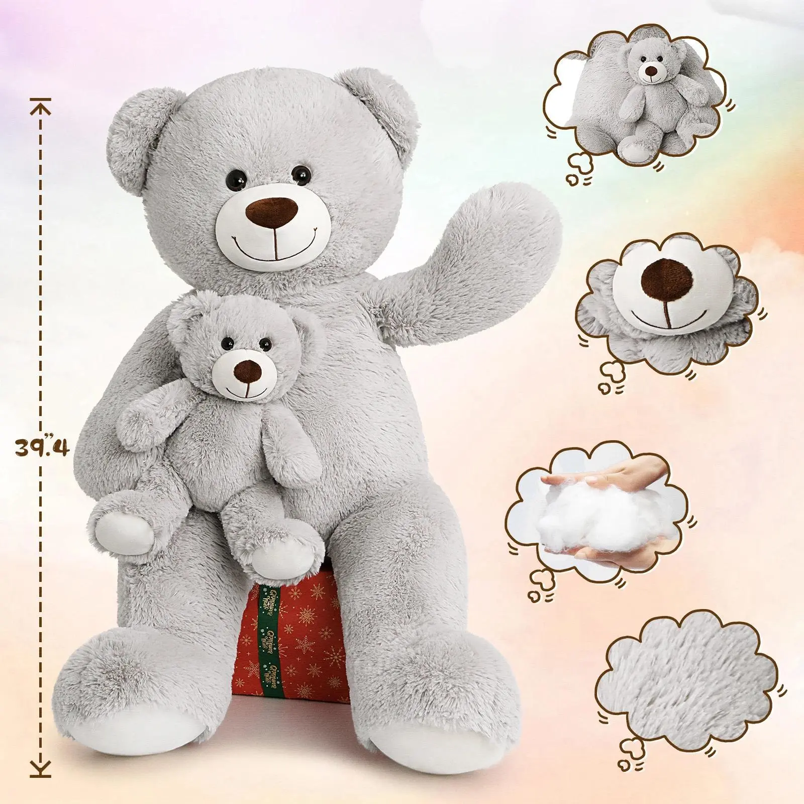 MorisMos Giant Teddy Bear Mommy and Baby Bear Soft Plush Bear Stuffed Animal for Mom and Child, 39 Inches, Gray
