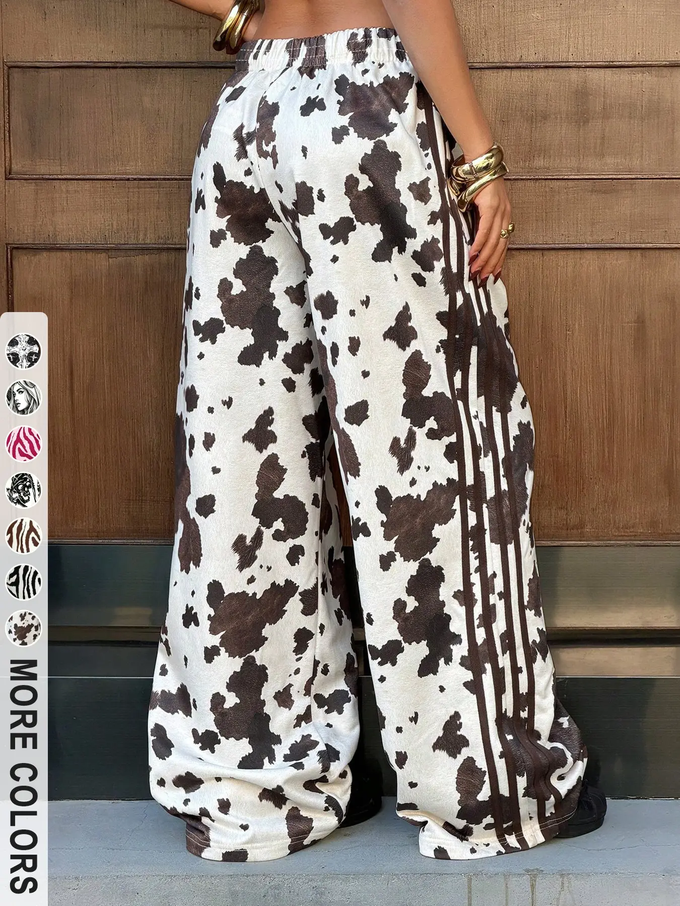 Women's Cow Print Wide Leg Pants, Y2K Style Elastic Waist Casual Streetwear, Loose-Fitting Long Pants Below the Knee, Geometric Pattern