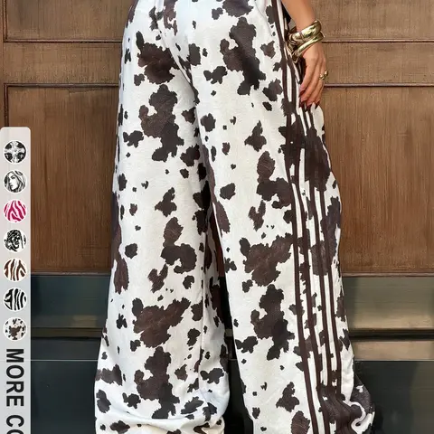 Women's Cow Print Wide Leg Pants, Y2K Style Elastic Waist Casual Streetwear, Loose-Fitting Long Pants Below the Knee, Geometric Pattern, Printed Pants
