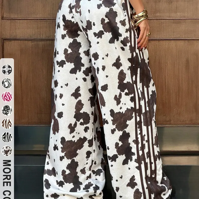Women's Cow Print Wide Leg Pants, Y2K Style Elastic Waist Casual Streetwear, Loose-Fitting Long Pants Below the Knee, Geometric Pattern, Printed Pants