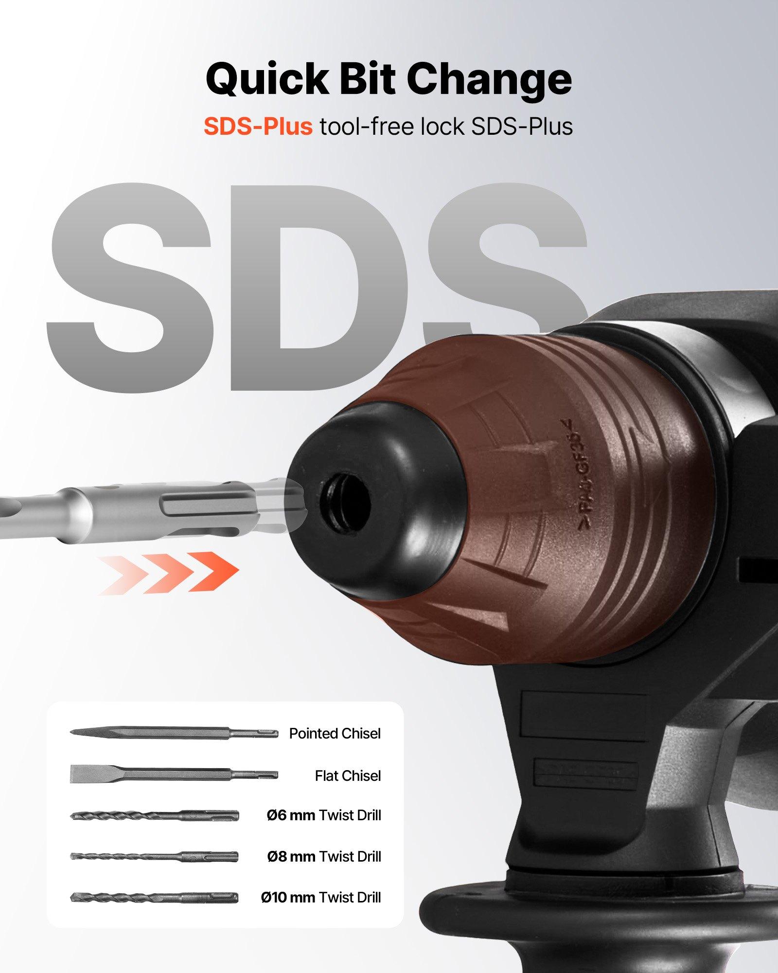 VEVOR Rotary Hammer Drill, 1-1/8 in SDS-Plus Electric Corded Heavy Duty Rotary Hammer, 4 Functions, Including 3 Drill Bits, Flat Chisel, Pointed Chisel, and Carrying Case, for Concrete and Masonry VEVOR Rotary Hammer Drill, 1-1/8 in SDS-Plus Electric Corded Heavy Duty Rotary Hammer, 4 Functions, Including 3 Drill Bits, Flat Chisel, Pointed Chisel, and Carrying Case, for Concrete and Masonry