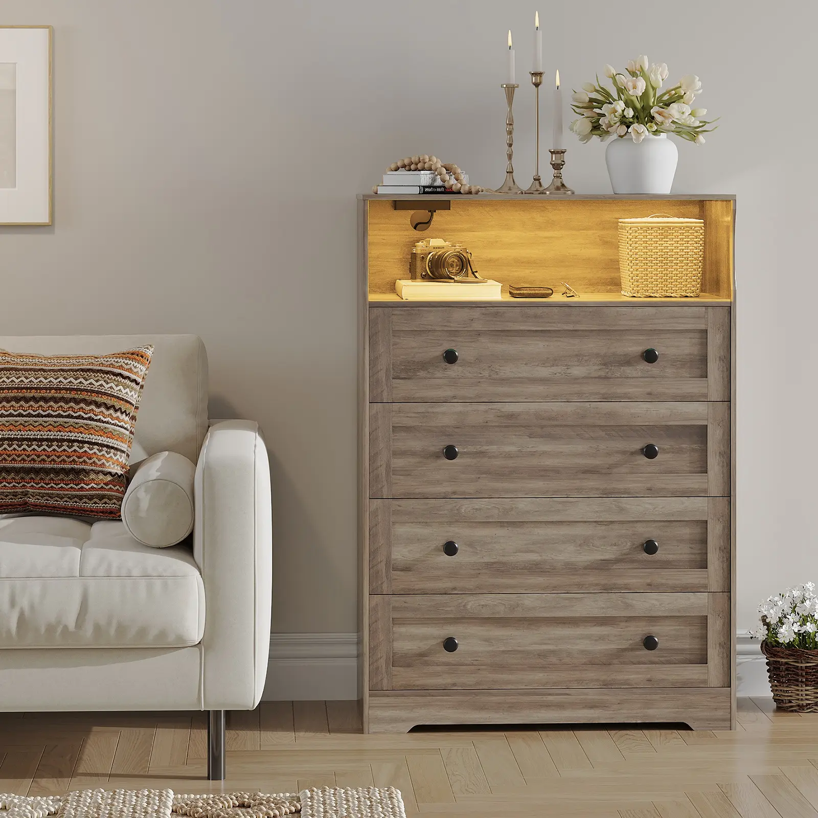 4 Drawer Wooden Dressers with LED Lights & Charging Station, Modern Nightstand for Bedside, Wood Chest of Drawers Storage Organizer for Bedroom, Living Room, Hallway, Closet