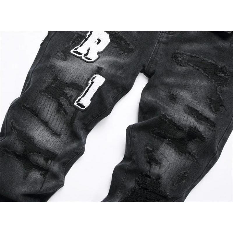Men's retro black jeans with ripped holes, trendy stretch slim fit, fashionable pants, versatile men's pants Casual