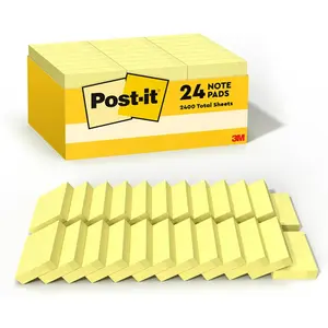 Post-it Notes, 1/3/8 x 1 7/8 in, 24 Sticky Notes Pads, 100 Sheets per Pad, Canary Yellow, The Original Post-it Note, School Supplies and Oﬃce Products