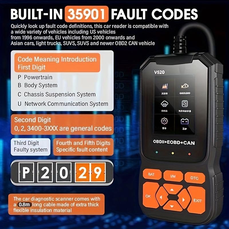 V520 Professional Car Scanner Fixed Obd2 Diagnostic Scan Tool, USB Powered Engine Fault Detector, Code Reader, Battery Tester, Supports 10 Languages