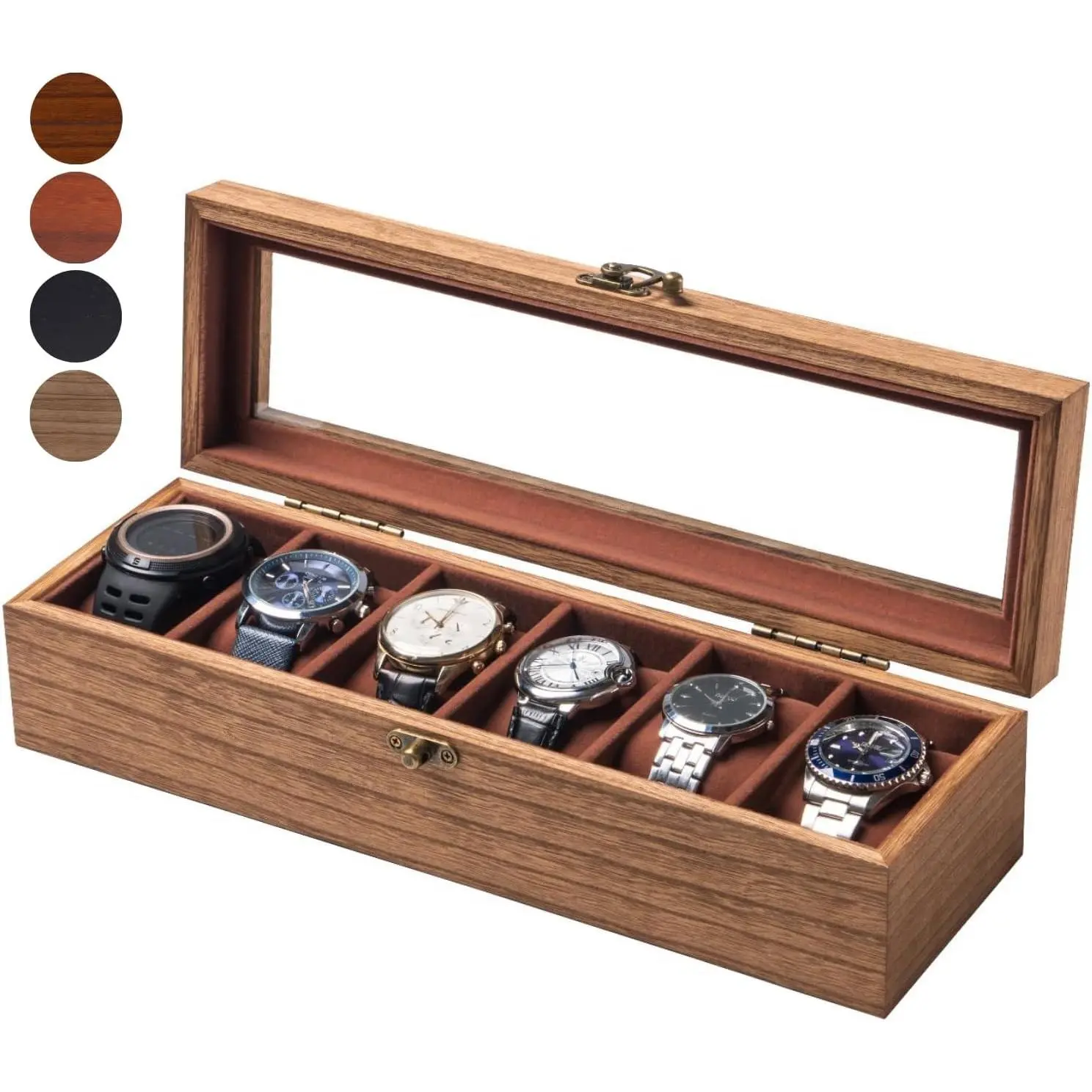 Large Wooden Watch Box with Glass Lid for Men and Women - 6-Slot Display Storage Case, Retro Burlywood Organizer(Gift)