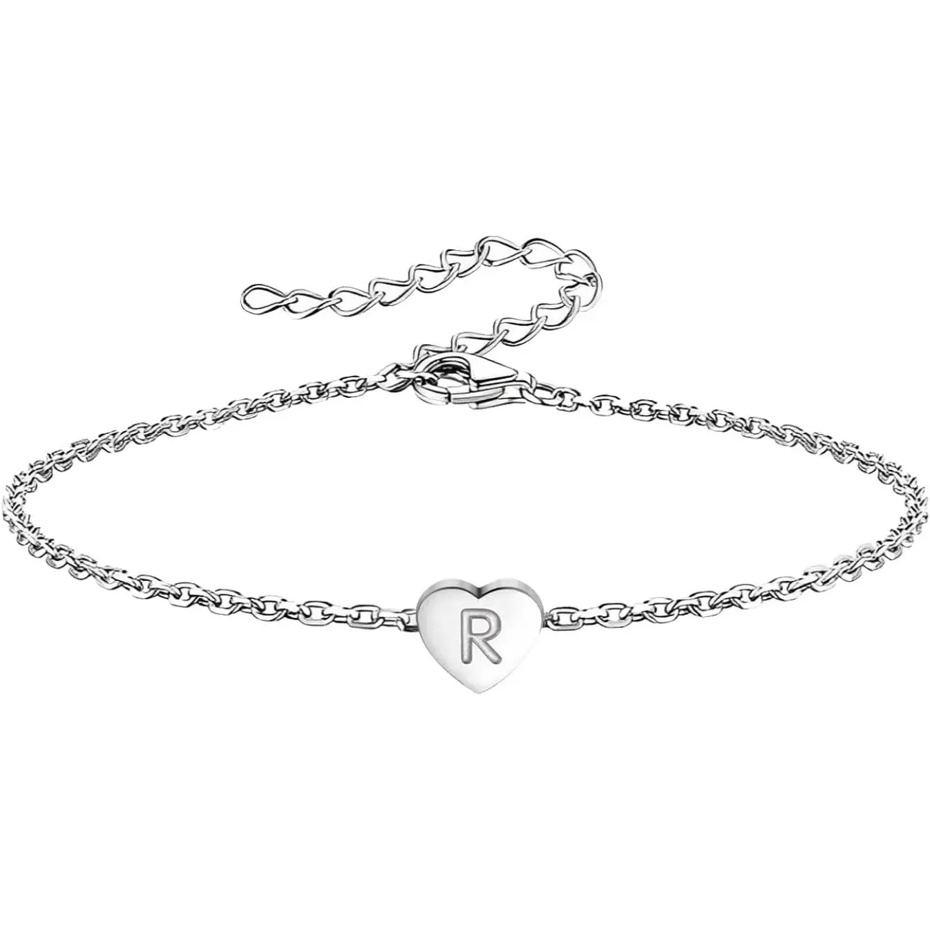 Women's Modern Initial Engraved Letter Bracelets - Dainty Mini Size Stainless Steel Bracelets with Heart Charm, Extended Length, Ideal for Birthday Gift, Wedding
