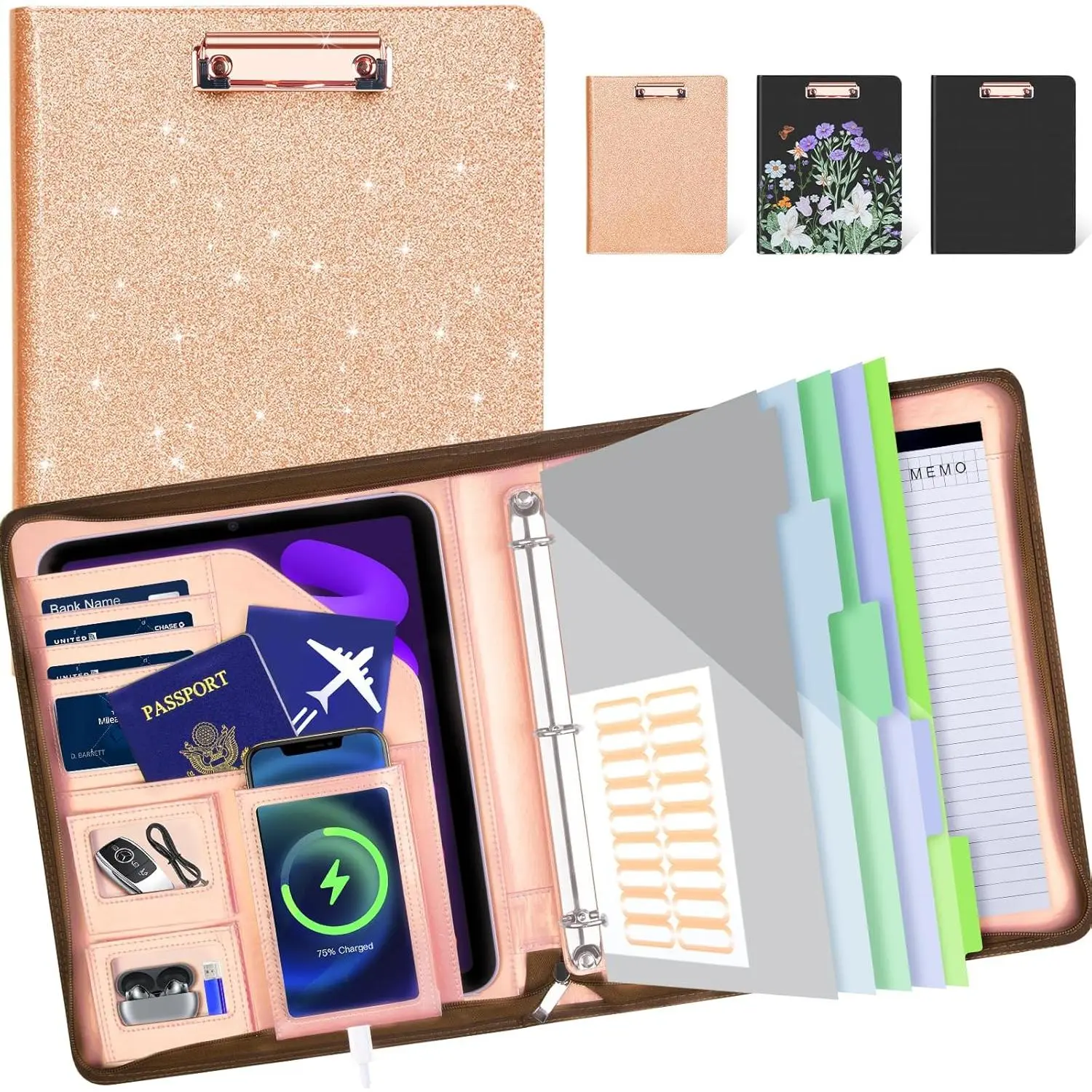 Leather Padfolio Portfolio with Clipboard Storage, Removable 3 Ring Binder 1 Inch Zipper Binder, Document Organizer for Women Men with Notepad, 5 Pocket Dividers, Pen Holder, Rose