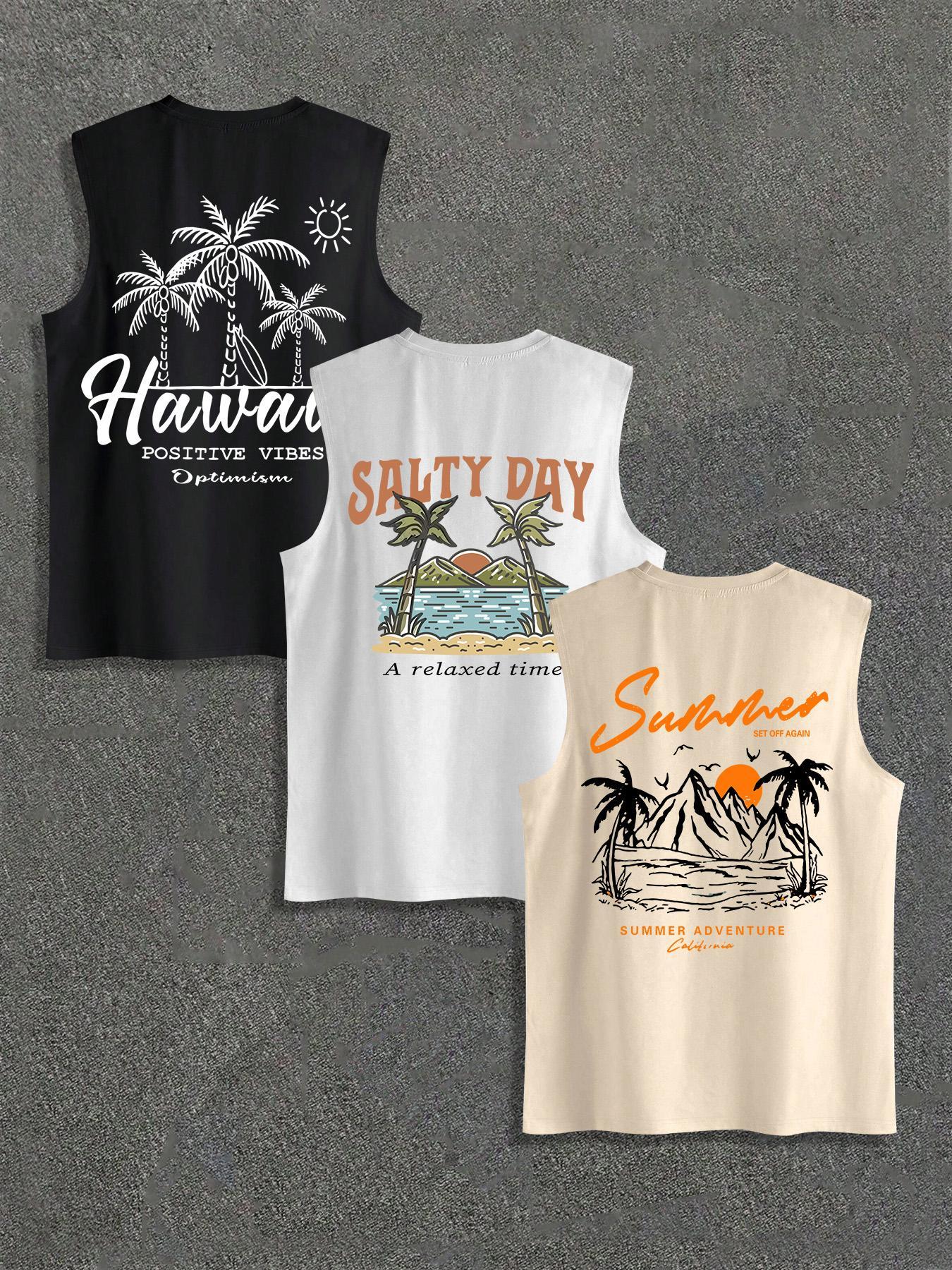 Men's Palm Tree Print Tank Top, Regular Fit Casual Sleeveless Round Neck Top for Summer, Men's Top for Outdoor Activities, Menswear, Graphic Tees, Athletic Tank Tops, Sleeveless Basic Tanks, Workout Tank Tops, Beach Tank