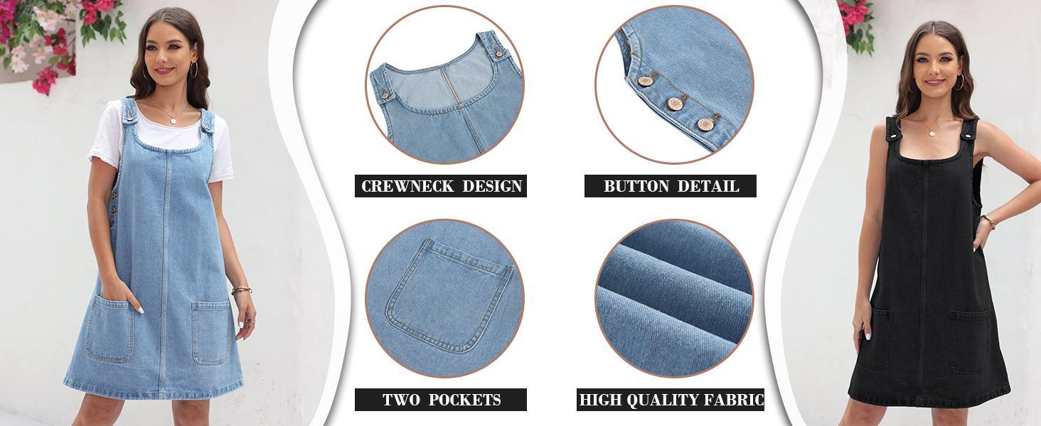 Imily Bela Women's Sleeveless Casual Denim Dress Crewneck Vintage Overall Mini Dress with Pockets
