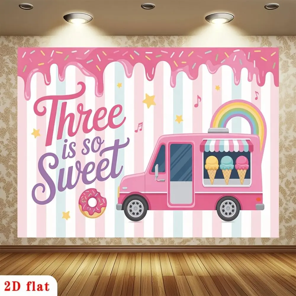 2D Flat, [PARTY BANNERS] 2D Flat Banner, 1pc Sweet Pink Three Ice Cream Truck Donut Rainbow Pastel Stripes Polyester Backdrop, for Party Decor Farm, Garden, Home, Room, Club, No Electricity, This Is a Wonderful