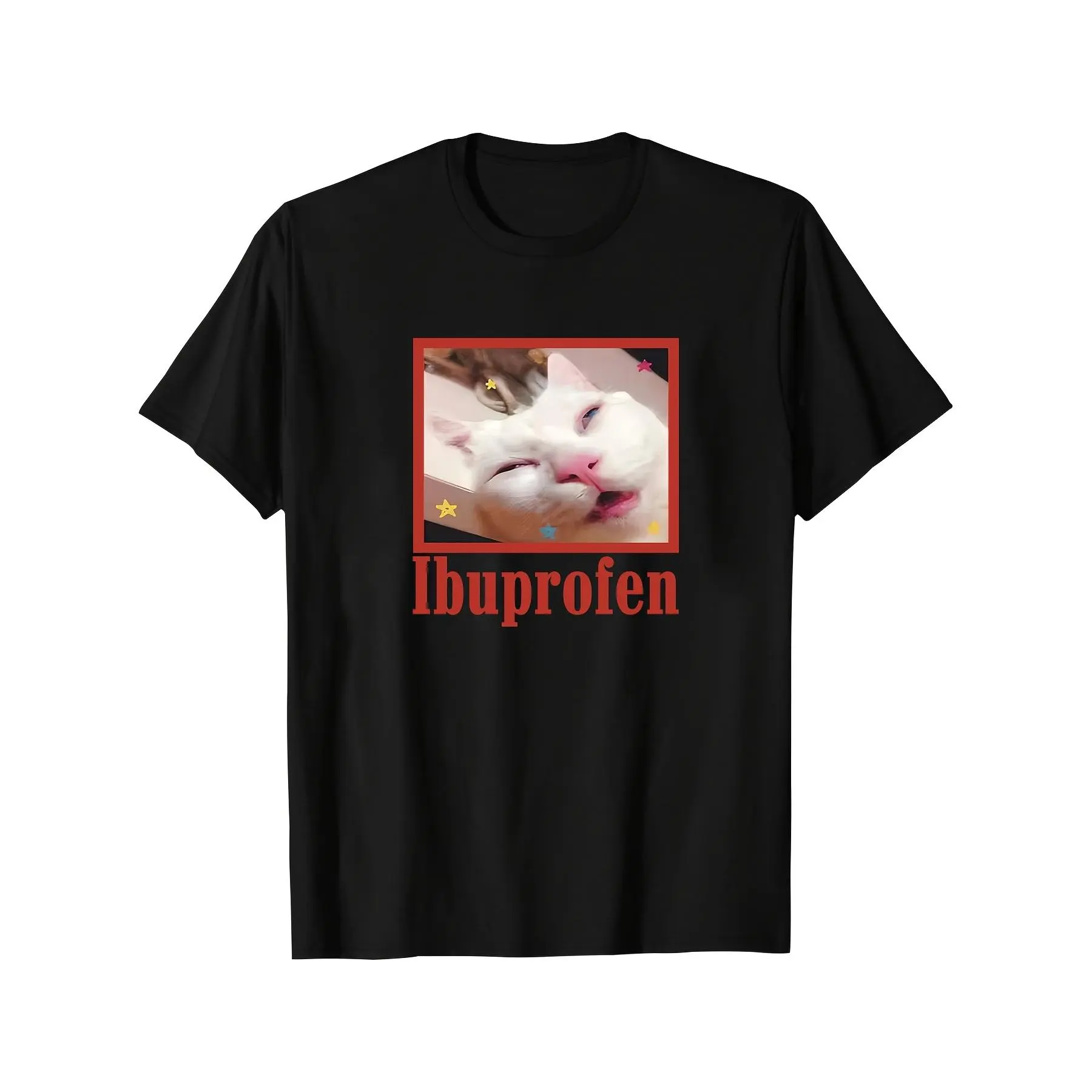 Men's Short-Sleeve Loose-Fit Combed Cotton T-Shirt - Breathable Graphic Print Viral Tired Sick White Cat Meme, Red Star Frame Ibuprofen Headache Humor Design, Casual Top for Cat Owners, Birthday Gifts, Machine Wash, Medium Length