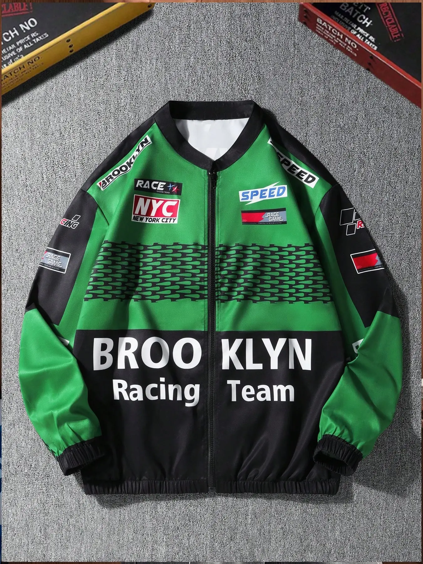 Vintage Racing Baseball Jacket for Men, Loose-Fit Shoulder Drop, Brooklyn New York Print, Trendy Streetwear, Perfect for Music Festivals, Printed Baseball Jacket