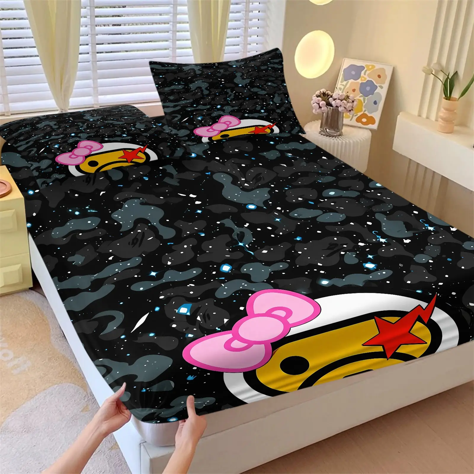 Black Starry Camo Cartoon Girl Ape With Pink Bow Print Fitted Sheet Bedding Set (1 Fitted Sheet + 2 Pillowcases), Dark Star Camouflage Monkey Pattern, Soft Breathable Microfiber Deep Pocket Elastic Sheet, Girls Hip Hop Bedroom Dorm Bedding