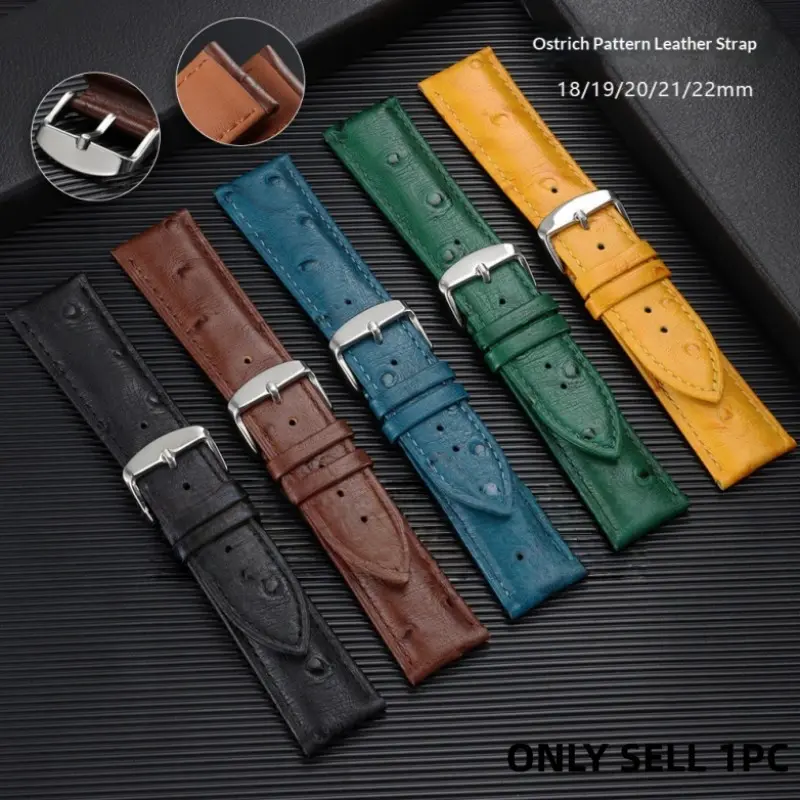 First Layer Genuine Leather Strap, Ostrich Pattern Embossed, Fine Ostrich Spot Texture, Buckle/button Options, 18-22mm, Multi Colors, Universal Watch Band, Versatile Strap, Watch Bracelet