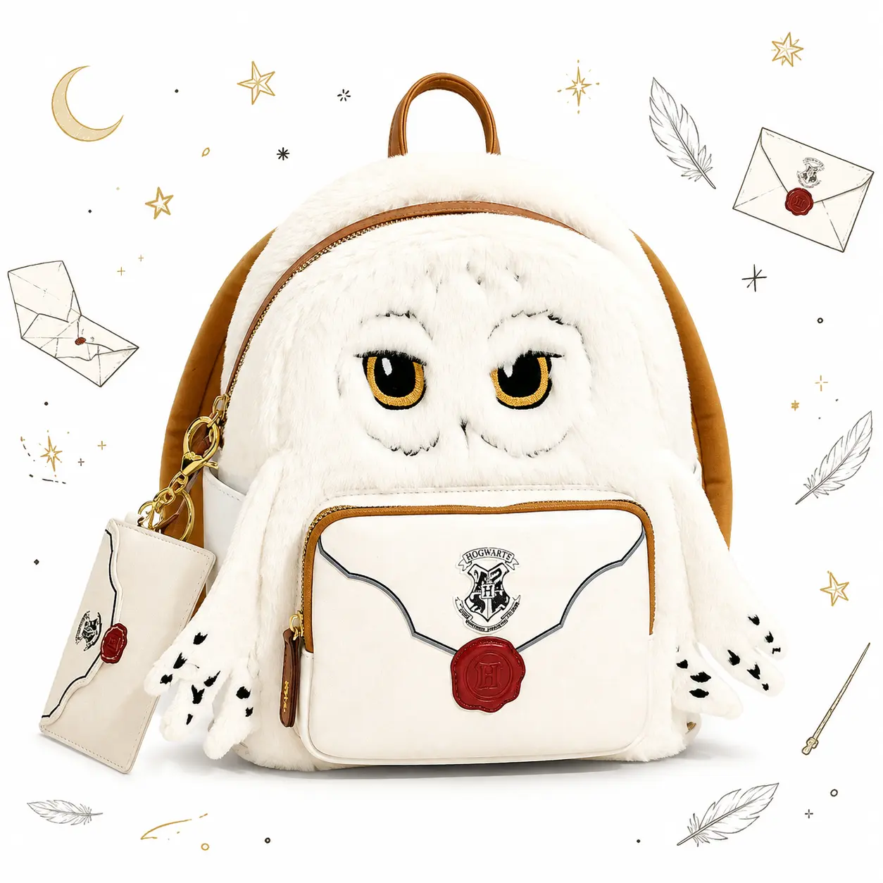 Harry Potter Hedwig Plush Backpack, White Owl Fuzzy School Bag, Hogwarts Letter Front Pocket, Matching Detachable Pouch, Cute Bookbag for Teens, Back to School Travel Cosplay Gift，bookbag,school backpack, multiple style,casual daypack backpack,Clear,Mini,
