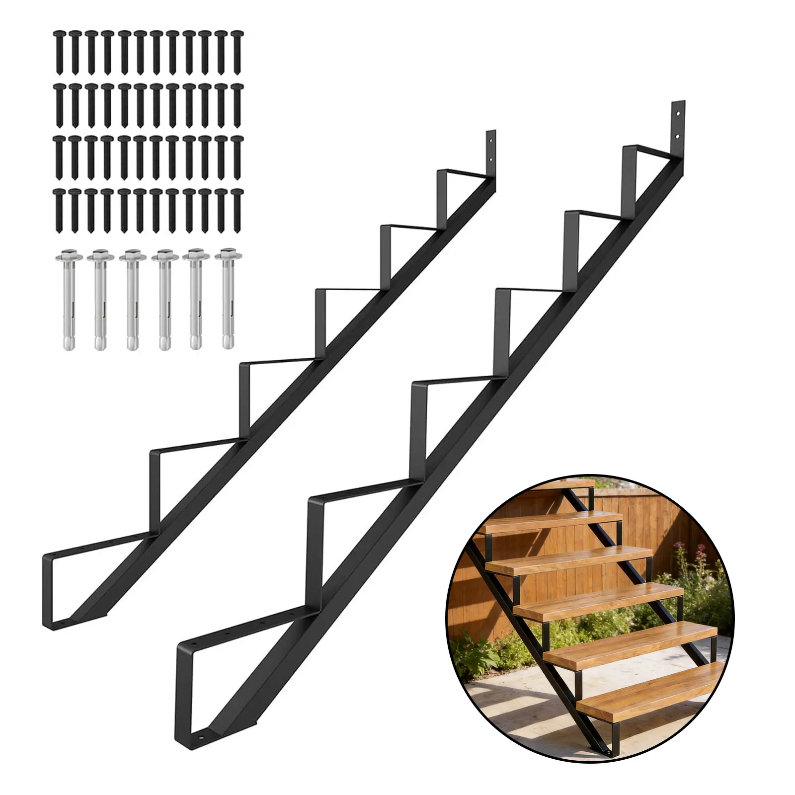 2-Pack 6-Step Steel Stair Stringers, 50in Deck Height Risers, Powder Coated Black, 500 lbs Max Load Capacity for Outdoor Deck Construction