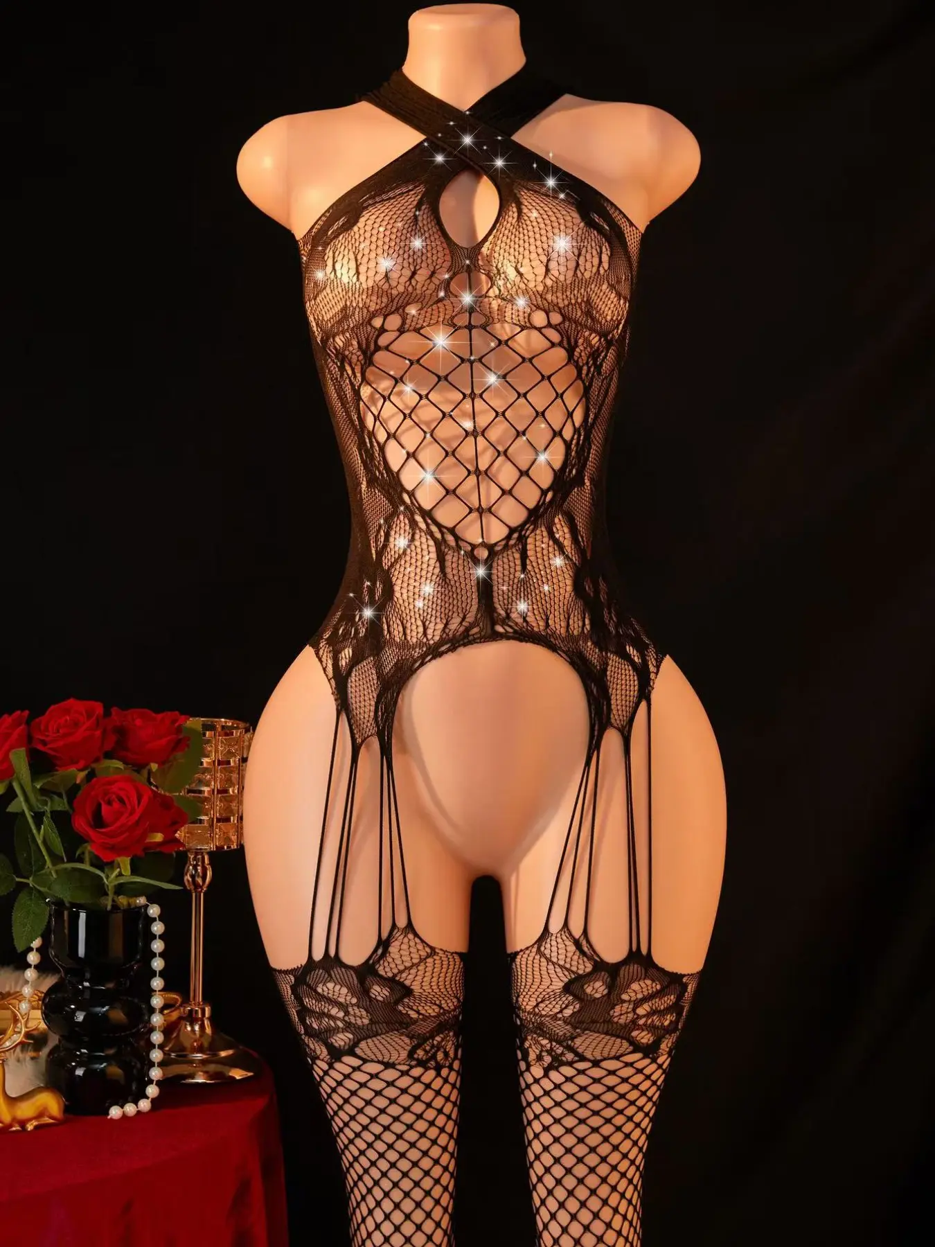 Rhinestone Halter Sheer Mesh Bodysuit With Attached Garter Stockings Women Sparkly Diamond Fishnet Catsuit High Cut See Through Stretch Hollow Out Rave Festival Club Night Out Y2K Sexy Layering One Piece Outfit